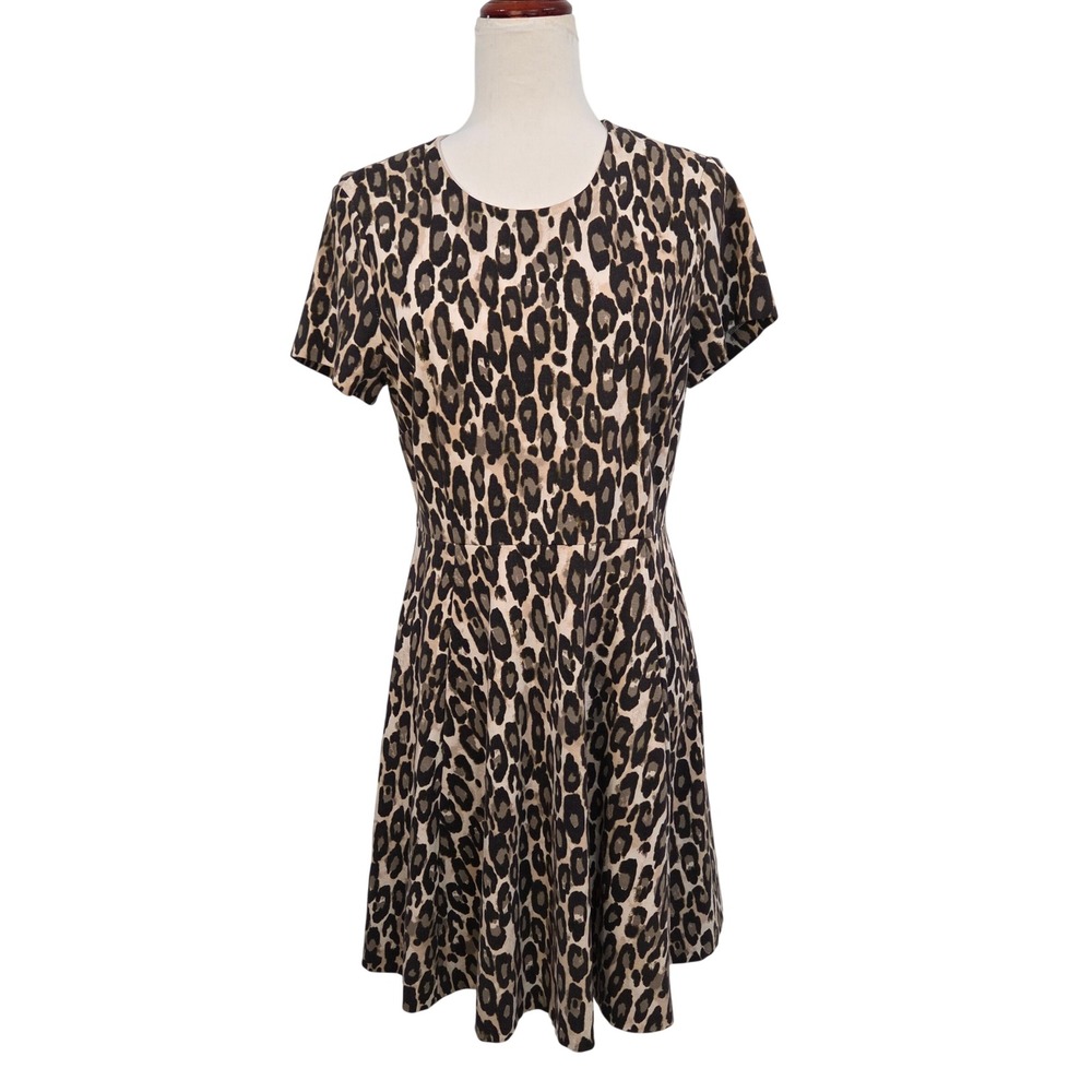 Kate Spade New York Womens Leopard‎ Fit & Flare Dress 12 Short Sleeve Zip Back